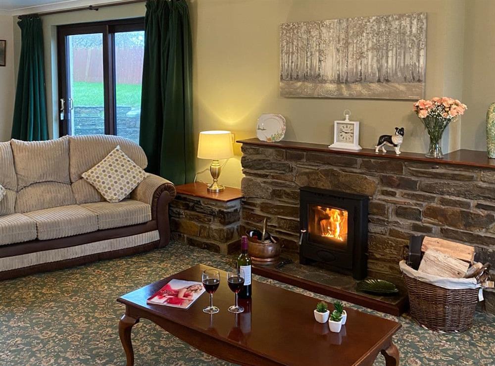 Welcoming living room with wood burner at Hayscastle Farmhouse, 