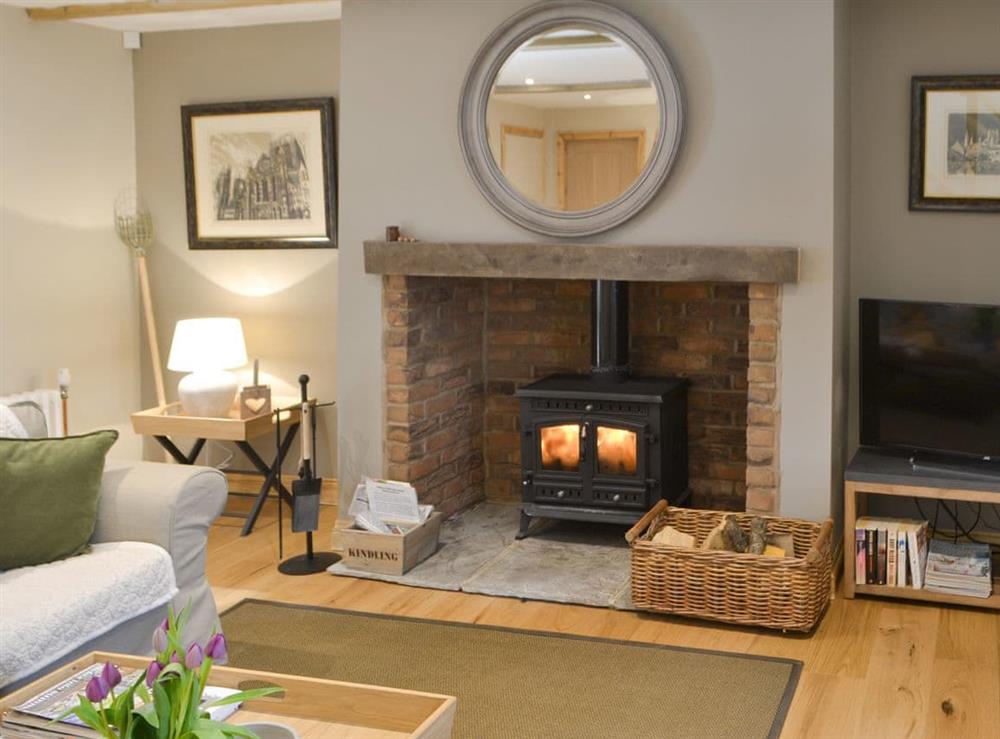 Welcoming living room with wood burner at Hazel Cottage in Newton-on-the-Moor, near Alnwick, Northumberland