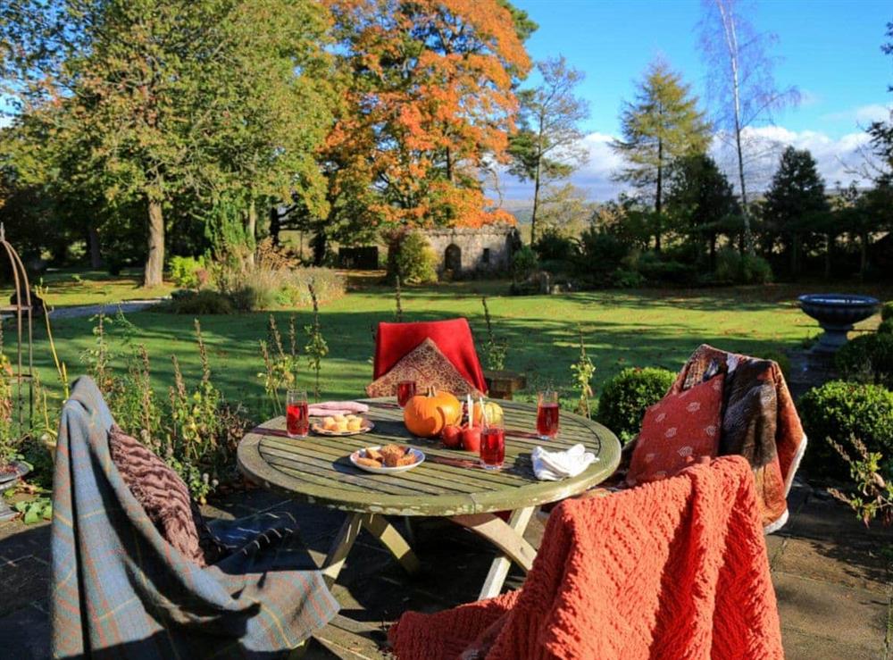 Sitting out area in the Autumn at Hazel Grove House in Near Kirkby Lonsdale, Lancashire