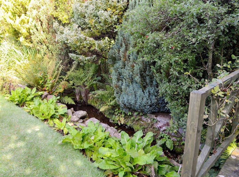 Small, unfenced stream in the garden at Hazelmere in Rattray, near Blairgowrie, Perthshire