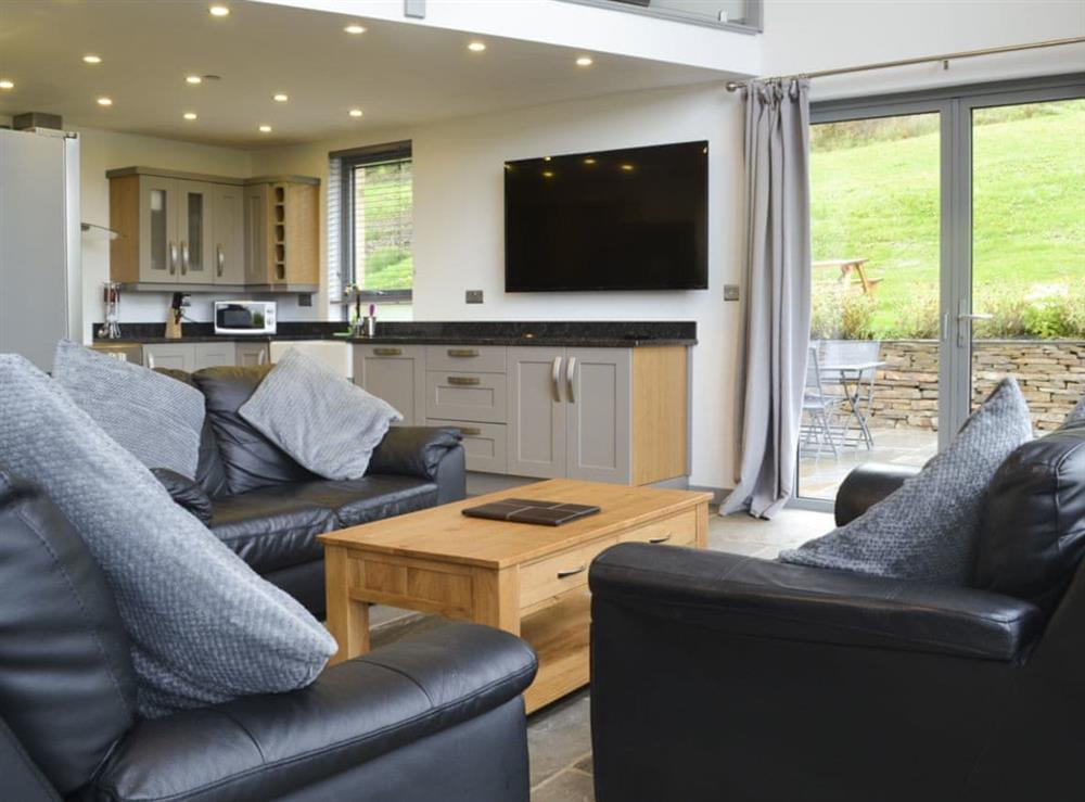 Relaxing open plan living space with wood burner and 65” Freeview TV at Heartwell Cottage in Wolsingham, near Stanhope, County DurhamCounty Durham, England