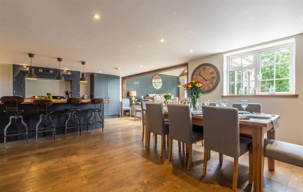 The large open plan dining room leading through to the stunning kitchen at Heath Cottage, Mattishall