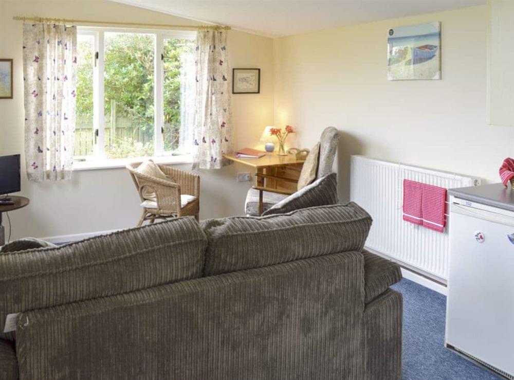 Spacious open-plan designed living area at Heather Brae Lodge in Nancledra, near Penzance, Cornwall