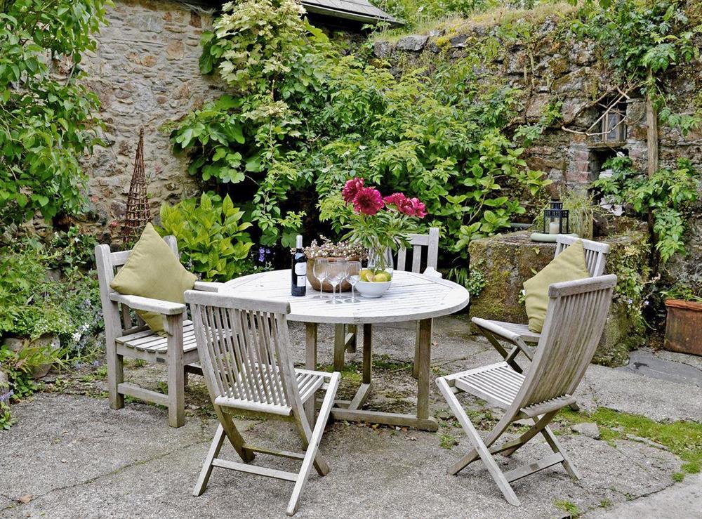 Outdoor sitting area at Heathfield Down Farmhouse in Modbury, S. Devon., Great Britain