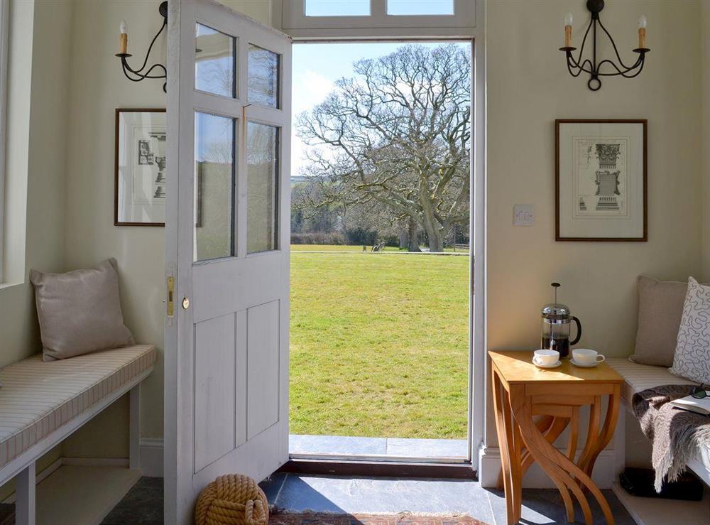 Porch leading to garden at Heathfield Down Farmhouse in Modbury, S. Devon., Great Britain