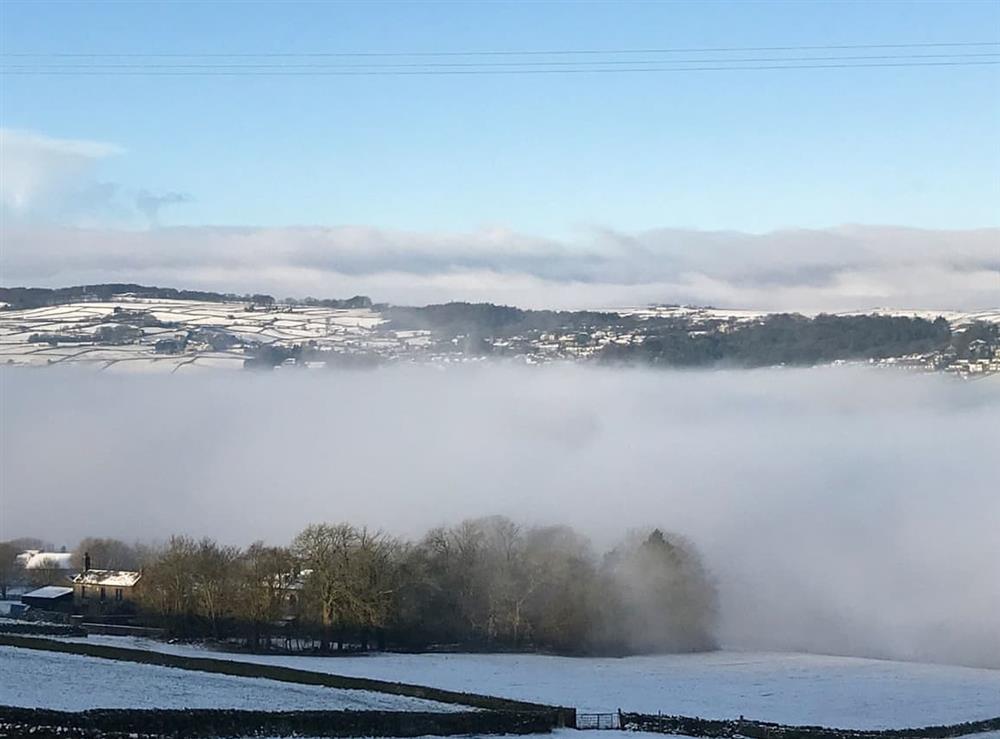 Morning fog over Haworth at Hectors Hideaway in Keighley, near Haworth, West Yorkshire