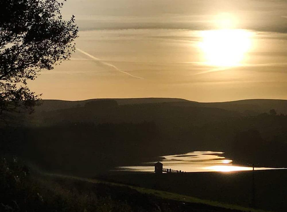 Sunset over Lower Laithe reservoir, Stanbury at Hectors Hideaway in Keighley, near Haworth, West Yorkshire