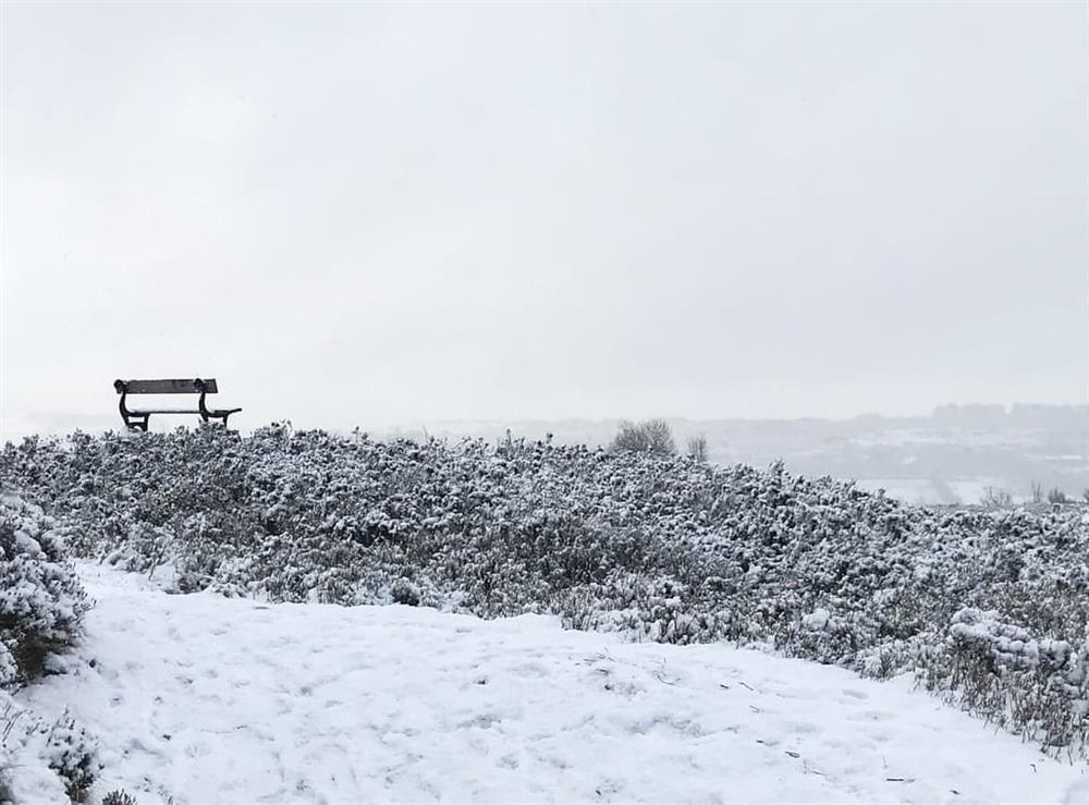 Winter bench on Penistone Hill, Haworth at Hectors Hideaway in Keighley, near Haworth, West Yorkshire