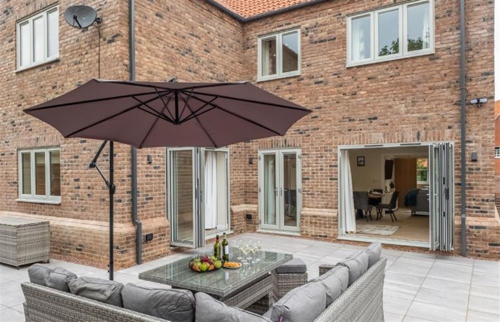 Looking back at the house from the patio at Hedgerows, Burnham Market near Kings Lynn