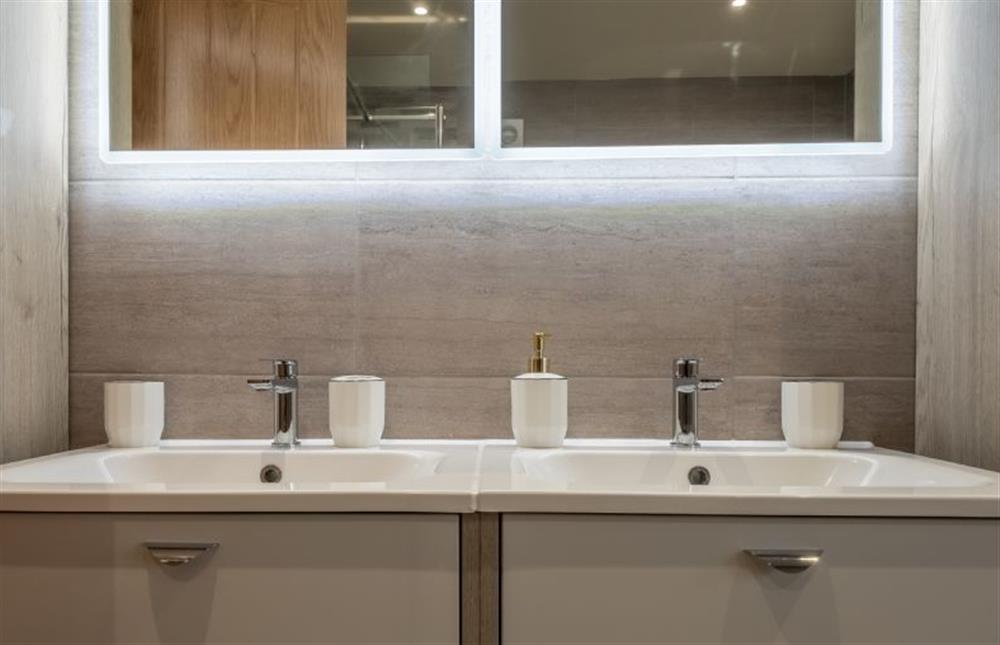 Twin vanity unit in the family bathroom at Hedgerows, Burnham Market near Kings Lynn