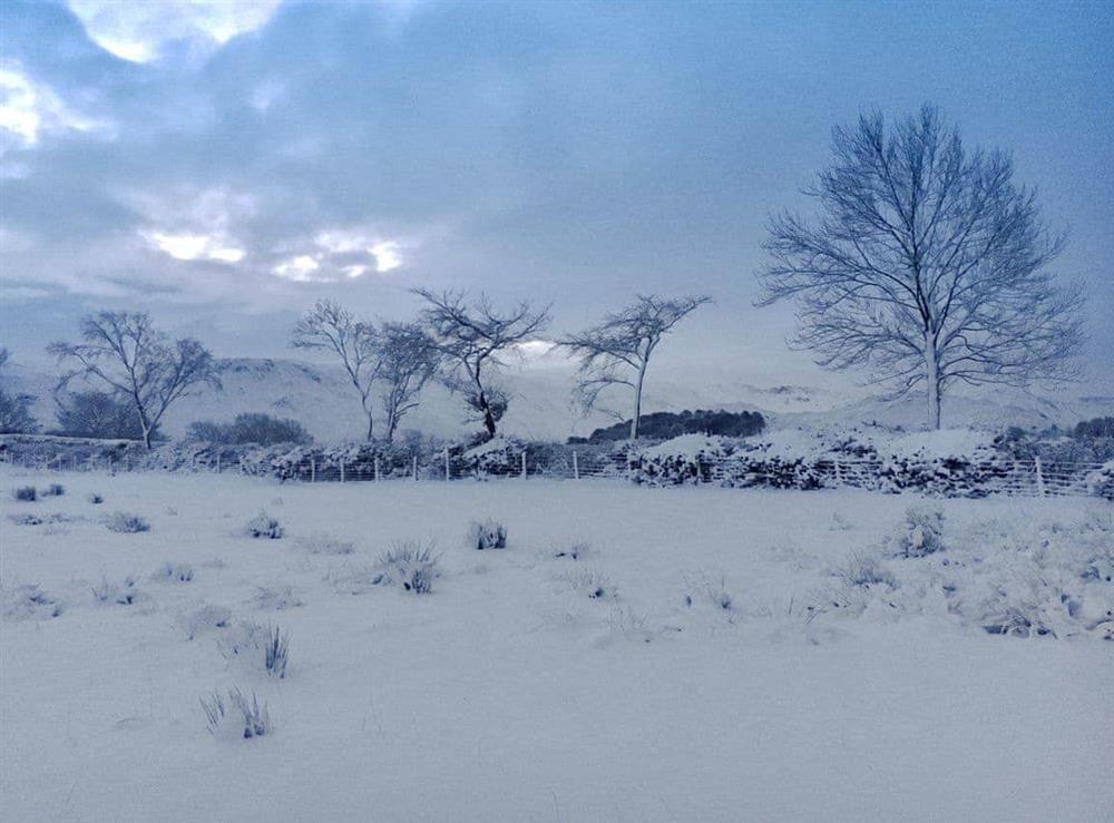 Snow covered surrounding area in Winter at Heft at High House Farm in Watermillock, near Ullswater, Cumbria