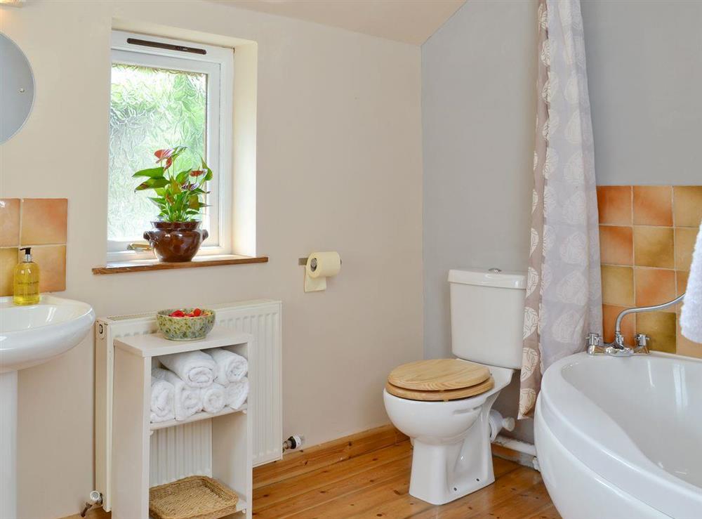 Family bathroom with shower over corner bath at Old Smithy, 