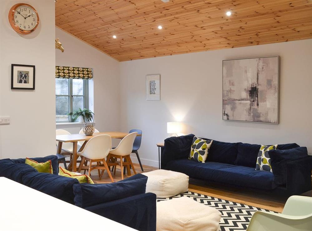 Open plan living space at Hen Harrier Lodge in St Columb Major, near Padstow, Cornwall