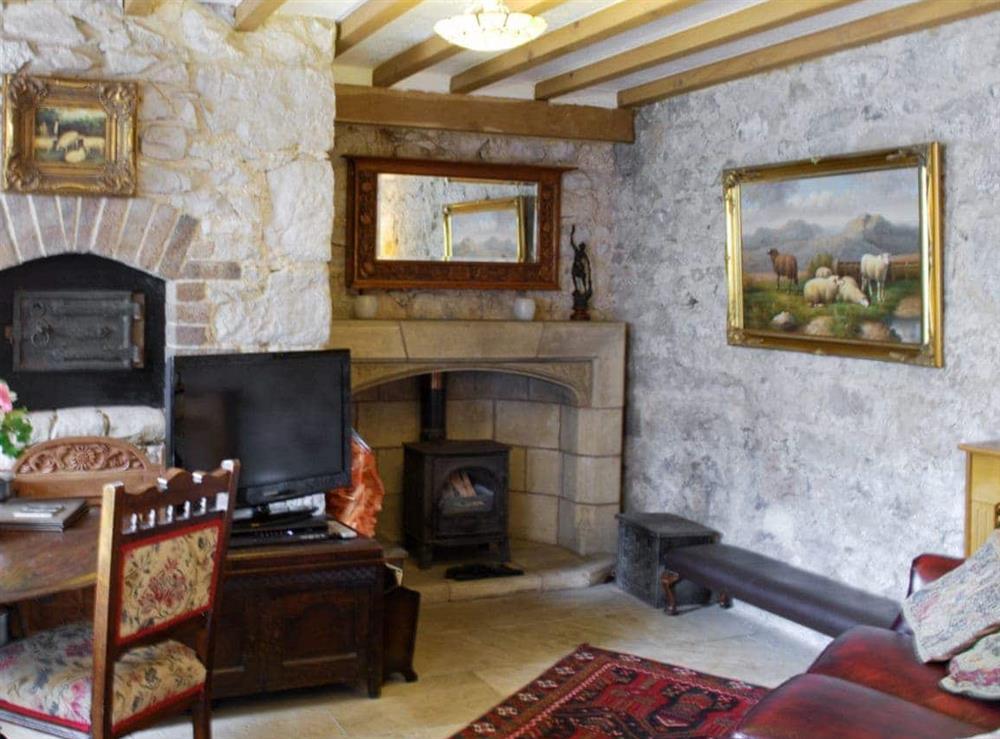Living area with romantic wood-burning stove at Hen Wrych Hall Tower in Abergele, Conwy., Great Britain