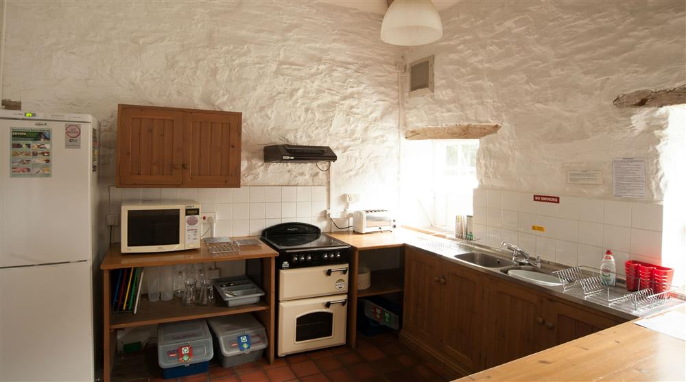 The kitchen area at Hendre Isaf Bunkhouse in Betws-y-coed, Conwy