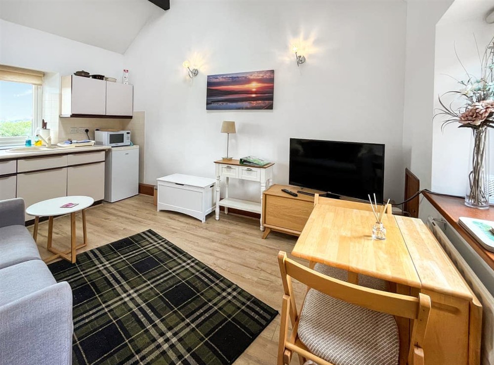 Open plan living space at Henfaes Bwthyn in Nannerch, near Clwydian Range, Wales