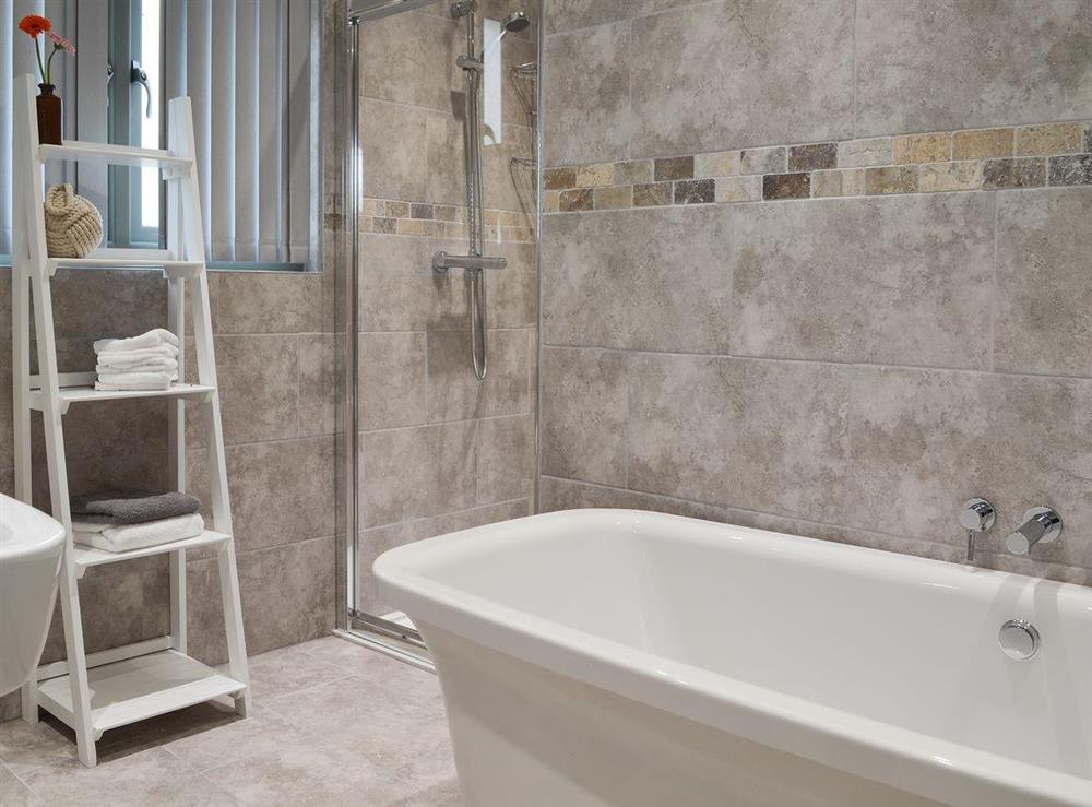 Lovely bathroom with slipper bath & separate shower at Henry Oscar House in Winchelsea, near Rye, Sussex, East Sussex