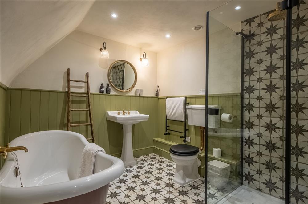 Family bathroom with bath and separate walk in shower at Hensill Farmhouse, Hawkhurst