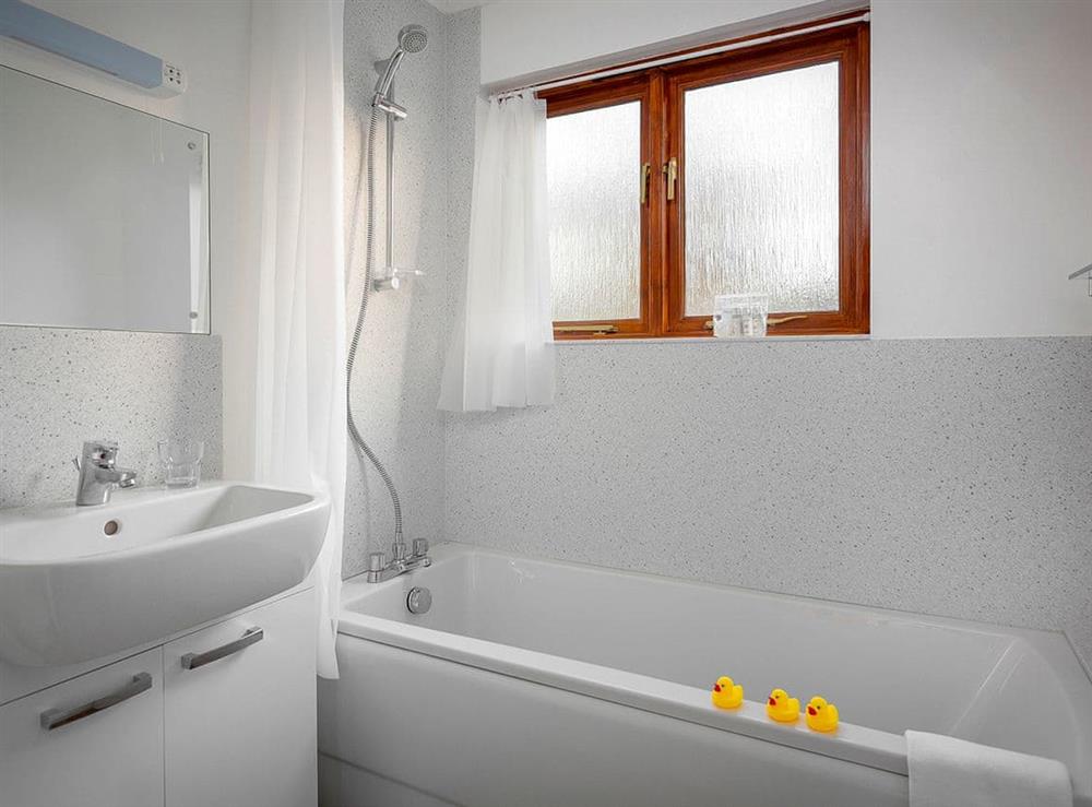 Family bathroom with shower over bath at Heron in Wroxham, Norfolk., Great Britain
