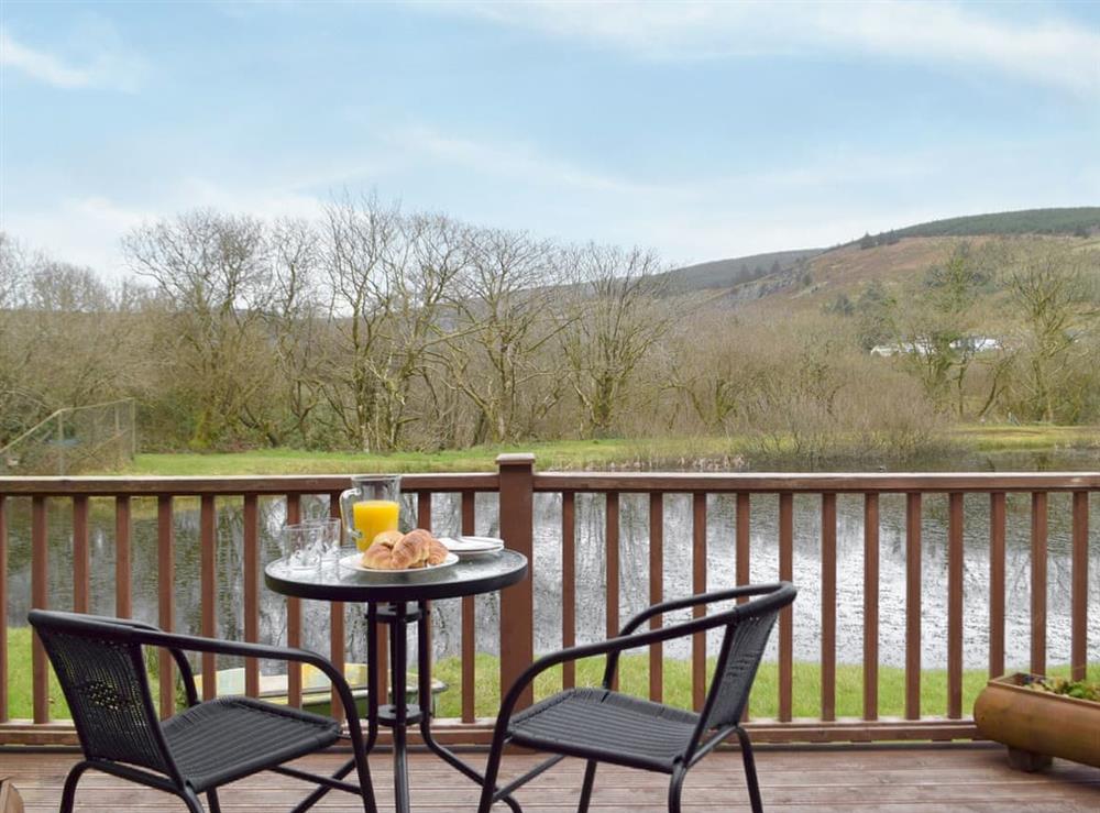 Terrace with wonderful views at Herons Log Cabin in Rosebush, Dyfed