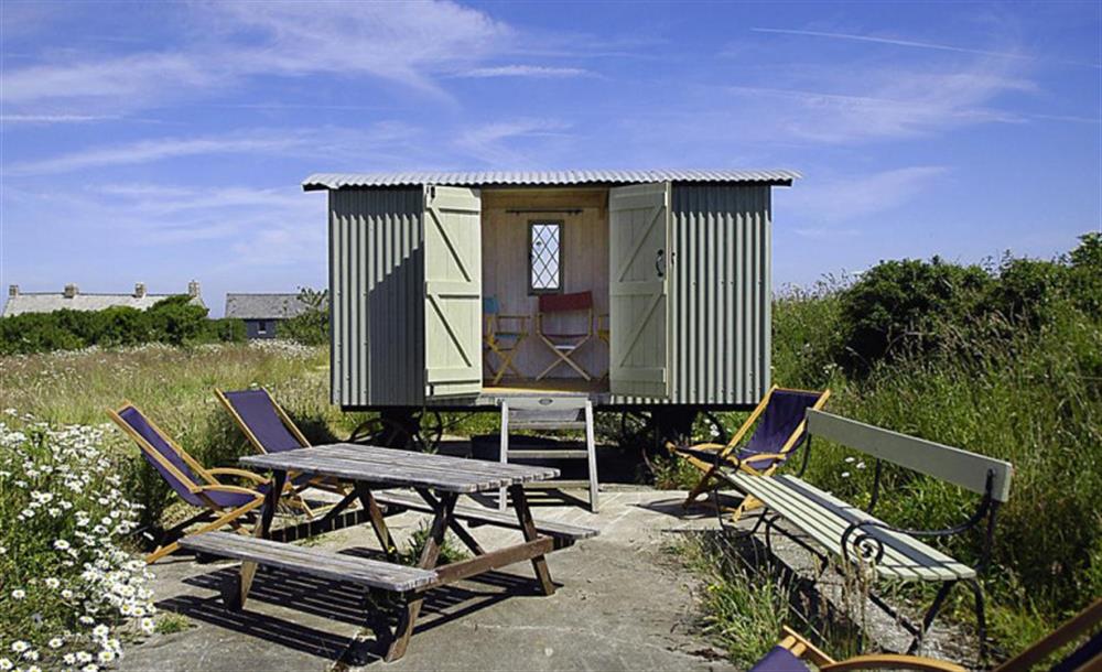 The shepherds hut in the adjacent field. at High House Farm East Wing in East Portlemouth