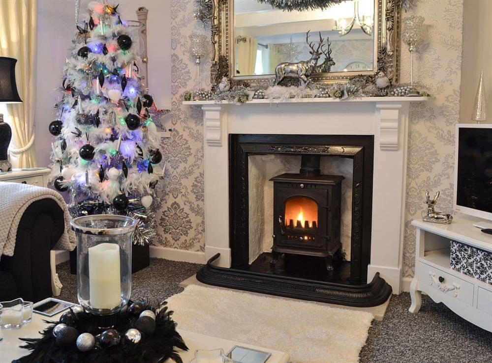 Luxurious living room decorated for Christmas at High Lanes in Praze-an-Beeble, near Hayle, Cornwall