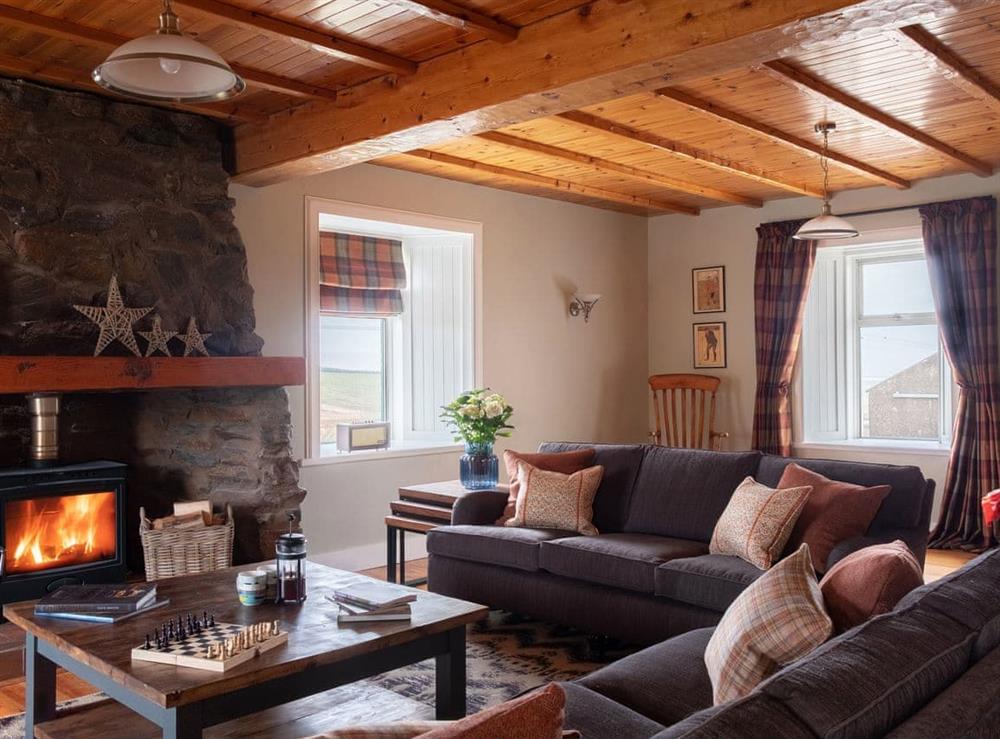 Warm and welcoming living room with wood burner at High Ranachan in Campbeltown, Argyll and Bute, Scotland