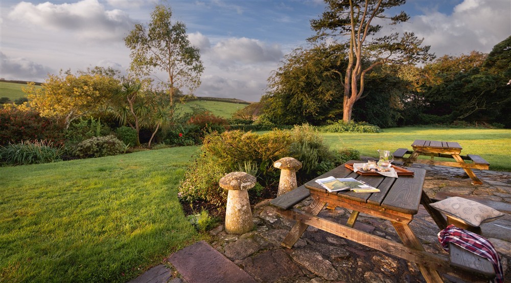 The outdoor eating area at Higher Brownstone Farm in Nr Kingswear, Devon
