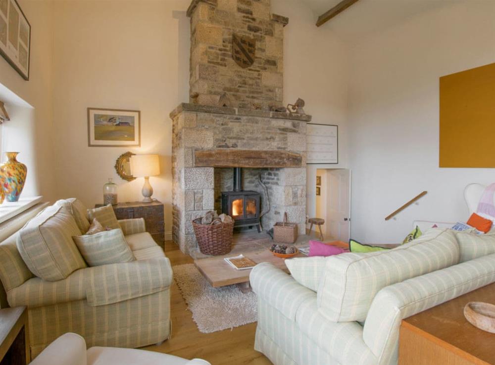 Welcoming living room with wood burner in feature fireplace at Higher Scarcliffe in Broughton, near Skipton, North Yorkshire