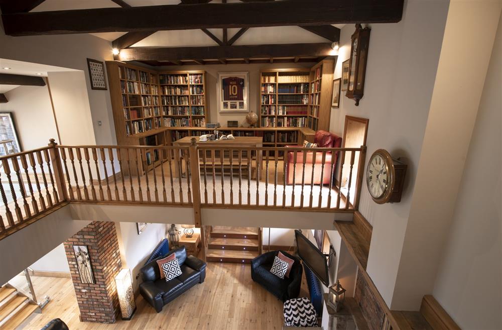 A great view above the Great Hall, looking into the library at Hill Top Farm, Askrigg, Nr Leyburn
