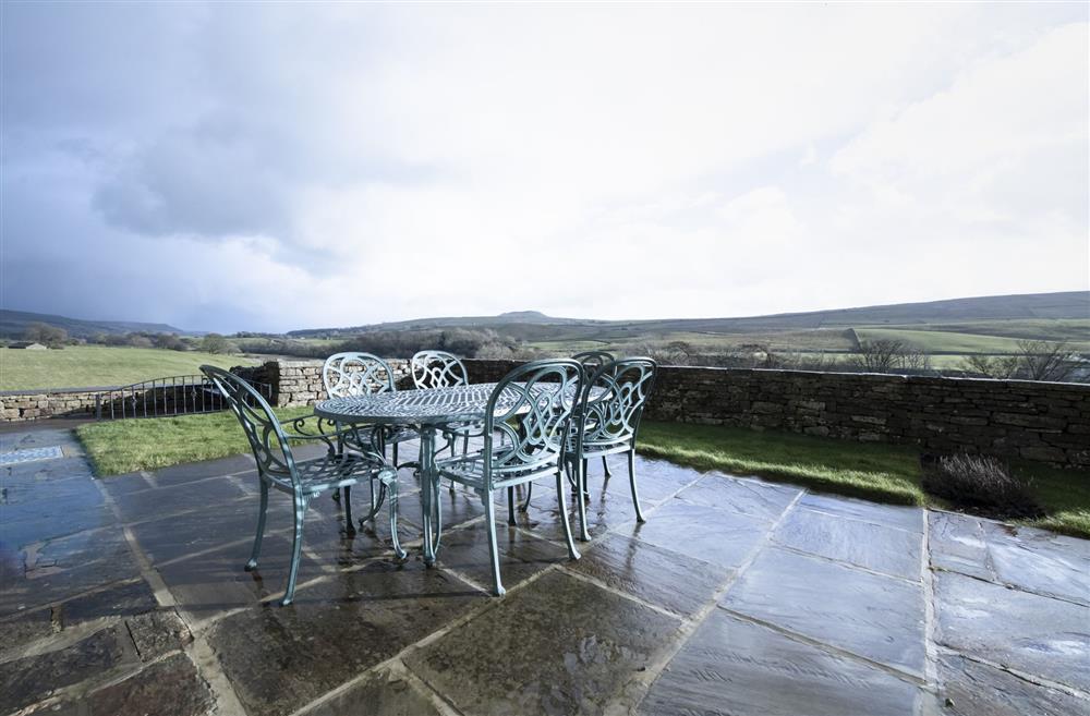 Spectacular panoramic views from one of the outside seating areas at Hill Top Farm, Askrigg, Nr Leyburn