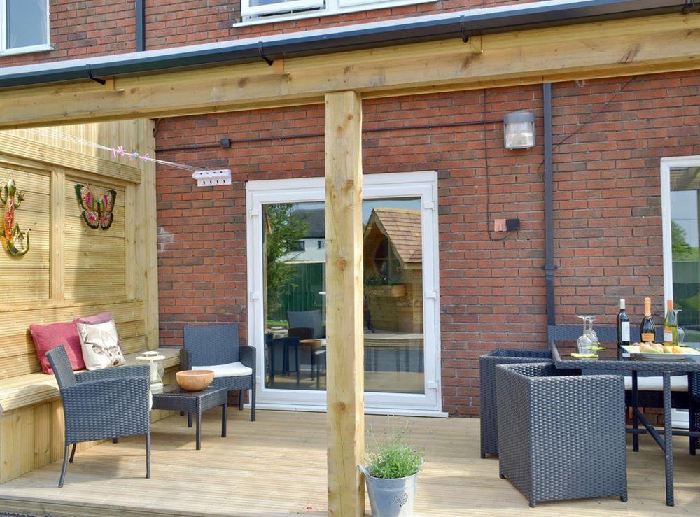 Covered terrace with outdoor furniture at Hillcrest House in Brown Edge, near Leek, Staffordshire
