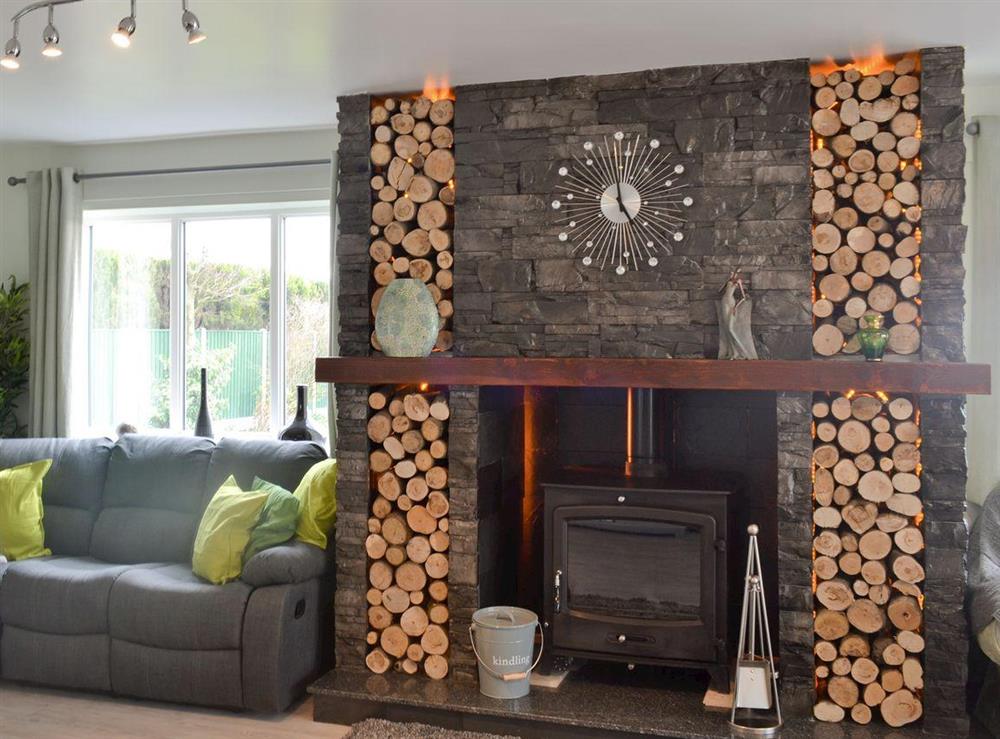 Impressive fireplace with wood burning fire
