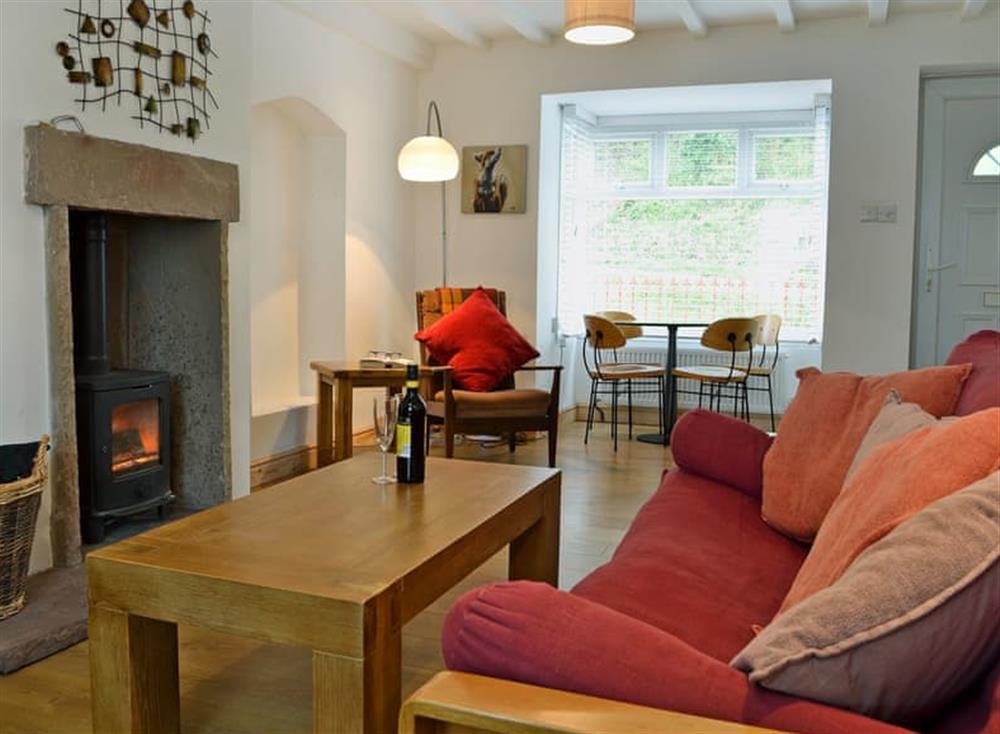 Cosy living room with wood burner at Hillside Cottage in Lydbrook, near Gloucester, Gloucestershire