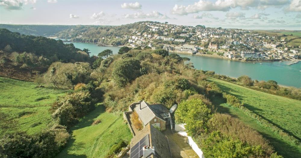 The drone shot shows the proximity to Salcombe and the estuary at Hillside House in East Portlemouth