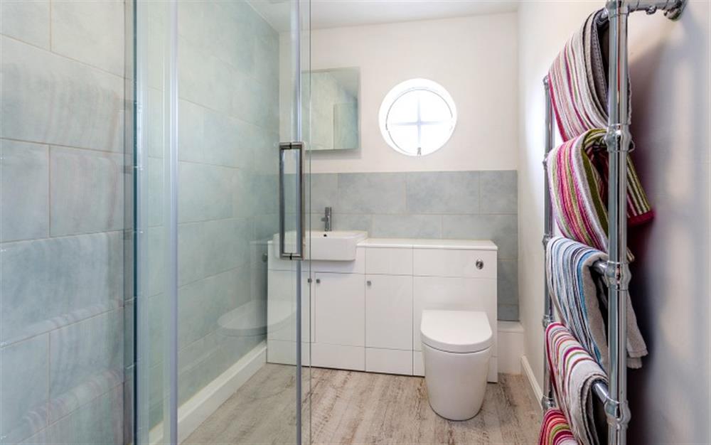 Family bathroom with large walk in shower at Hilltop Cottage in Lyme Regis