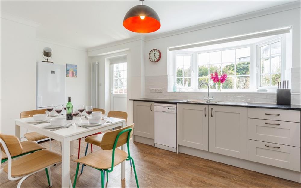 Modern bright kitchen at Hilltop Cottage in Lyme Regis