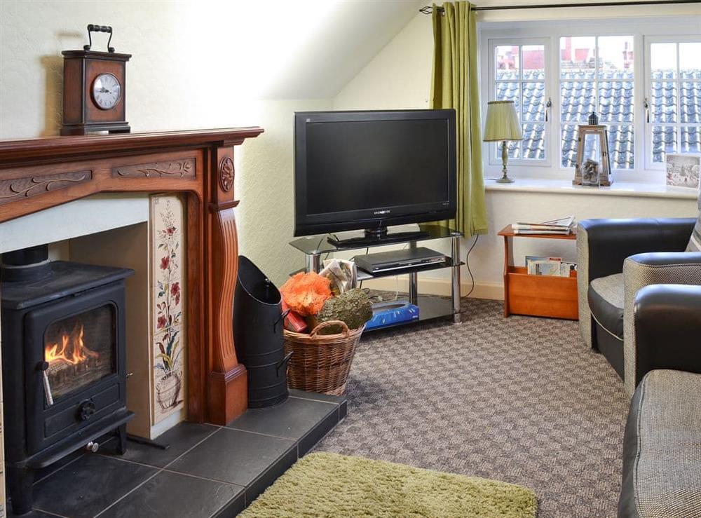 Cosy and warm living room  with wood burner at Holbeck Apartment in Scarborough, North Yorkshire