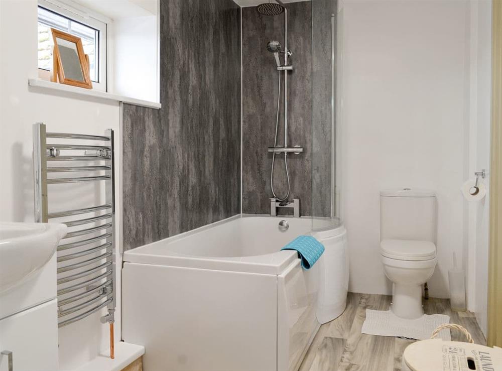 En suite bathroom with shower over bath at Holemoor Cottage in Pyworthy, near Holsworthy, Devon