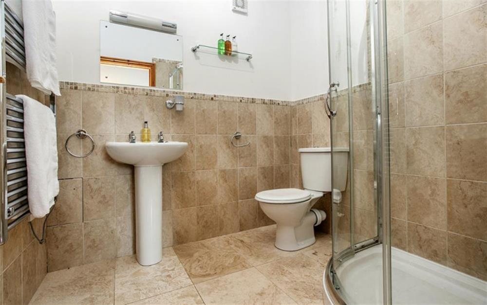The en-suite with walk in power shower at Hollie Cottage in Seaton