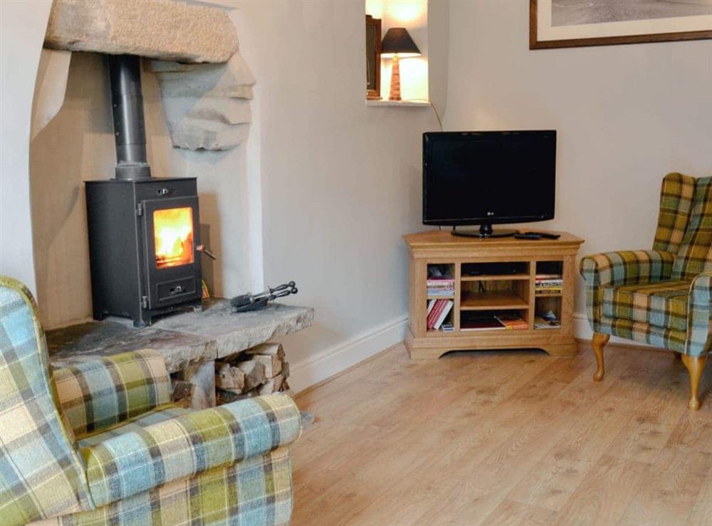 Comfy open plan living space with wood burner at Holly Bank Cottage in Giggleswick, near Settle, Yorkshire, North Yorkshire