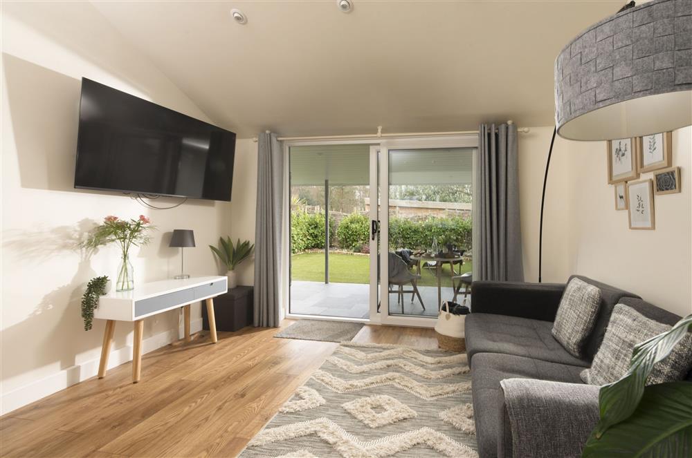 Sitting area with a two seater sofa and Smart television