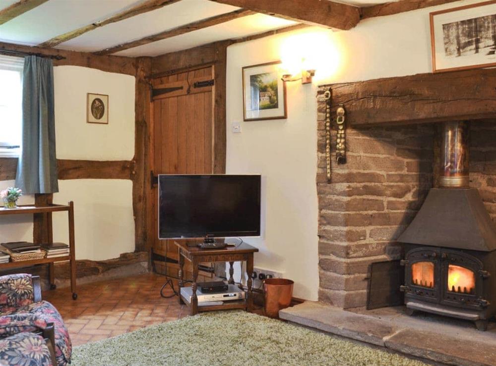 Impressive living room/dining room with beams and cosy woodburner at Hollywall Croft in Stoke Prior, near Leominster, Herefordshire