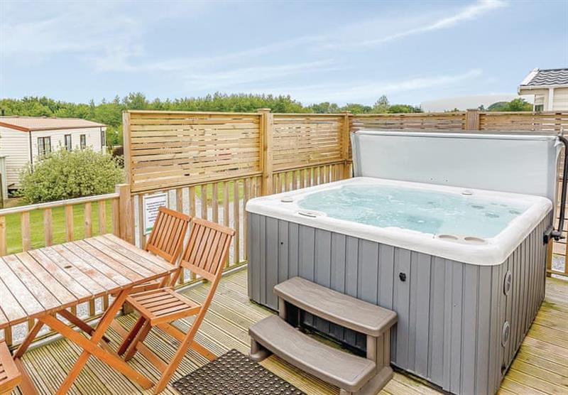 Decking and outdoor hot tub in the Platinum Caravan Four Plus VIP at Holmans Wood in Chudleigh, South Devon