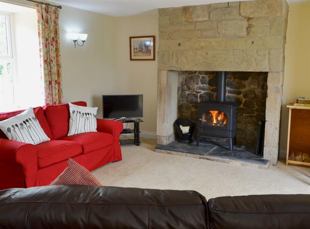 Spacious living room with wood burner at Squirrel Cottage, 