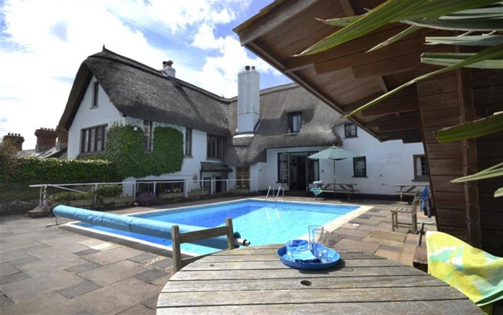 Poolside relaxation next to the sauna/poolhouse at Home Cottage in Thurlestone