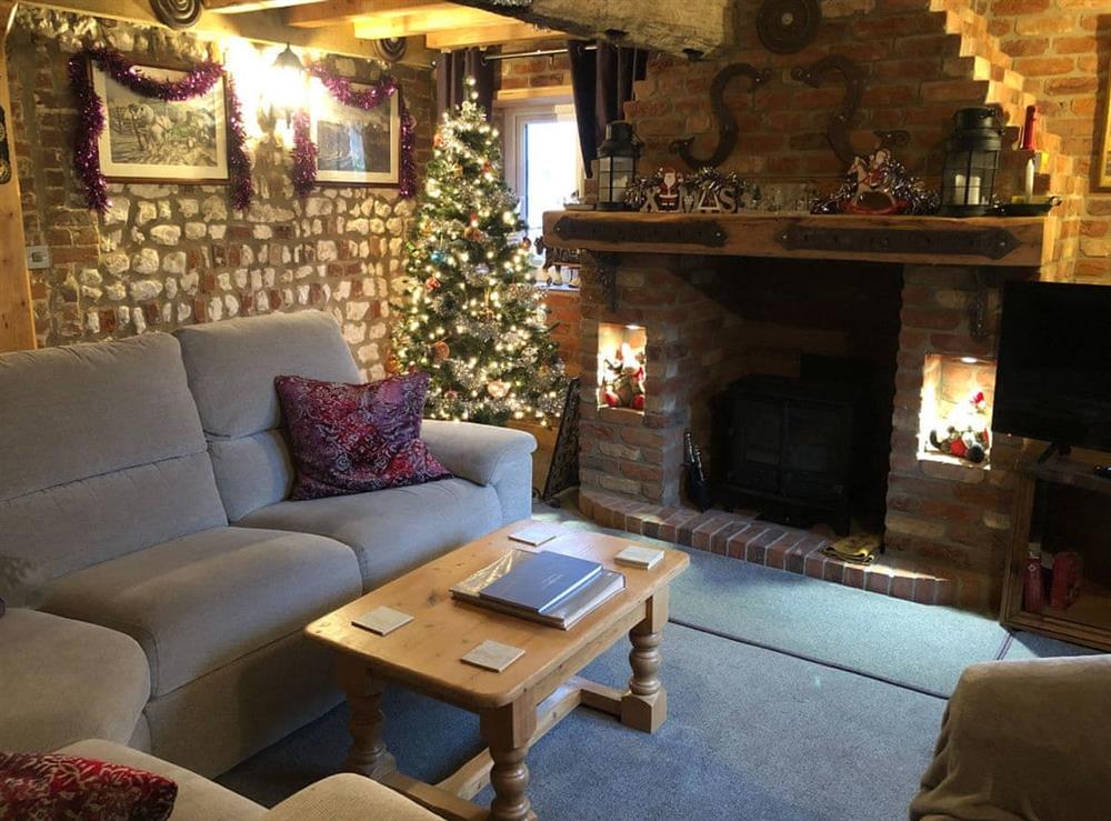 Living room at Christmas at Honey Potts in Foulden, near Swaffham, Norfolk