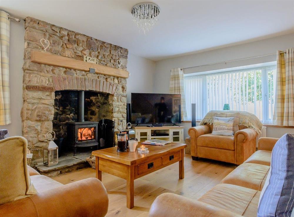 Living room with wood burner at Honeycott in Llangattock, near Crickhowell, Powys
