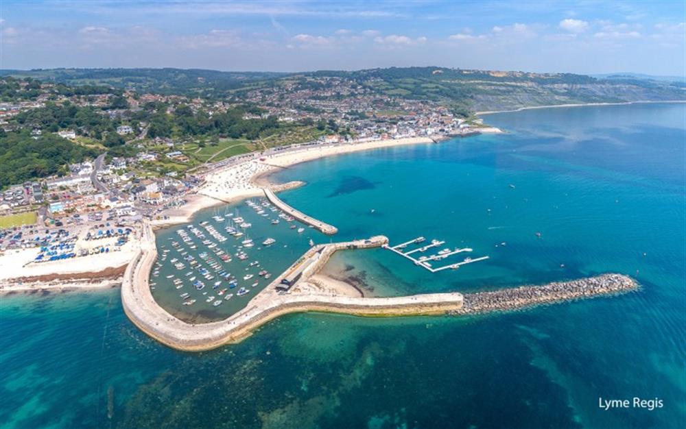 Aerial view over Lyme Regis with it's Cobb Harbour at Hook Farm in Lyme Regis