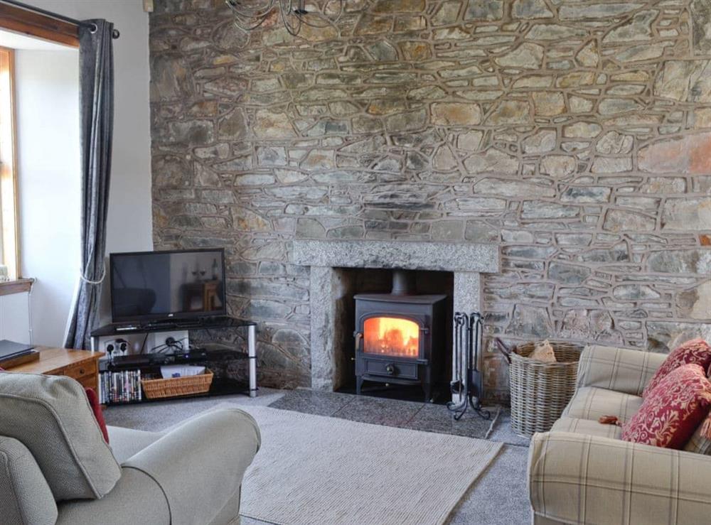 Cosy living room with wood-burner at Horsepark Cottage in Gatehouse of Fleet, Kirkcudbrightshire
